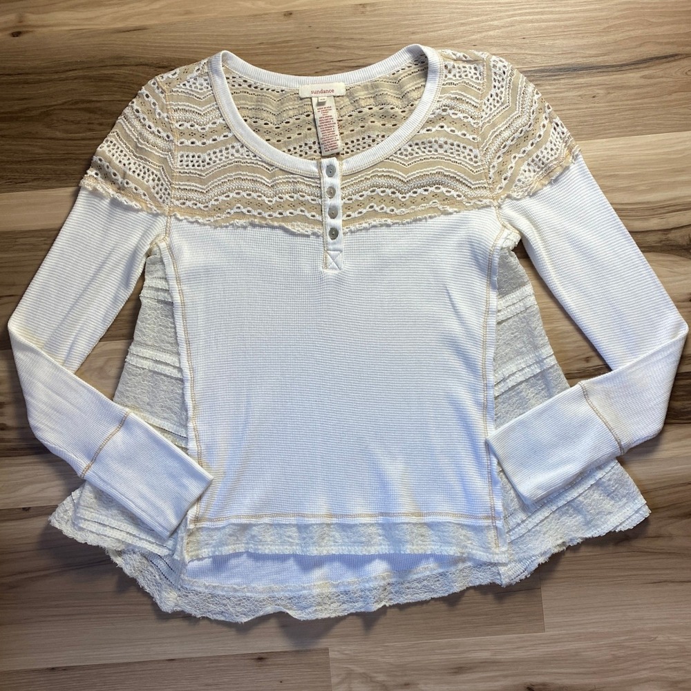 Sundance Women XS White Lace Mixed Media Henley Thermal Top‎ Waffle Knit Boho